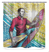 Stylish and water-resistant Surfing 5 20 Shower Curtain with a unique seaside pattern for a tranquil bath setting.